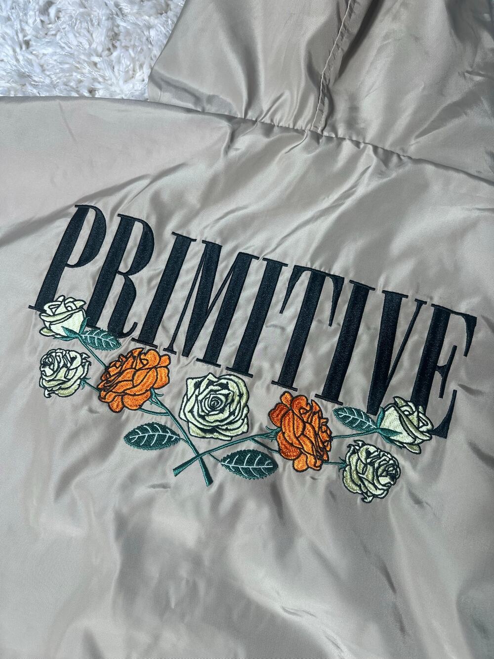 Primitive Skateboarding Jacket Mens XXL Beige Windbreaker Hooded Embroidered